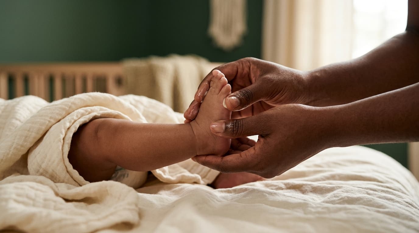A parent massaging shea butter into a baby s foot