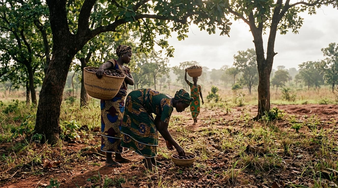 Women collecting fallen shea fruit beneath savannah trees