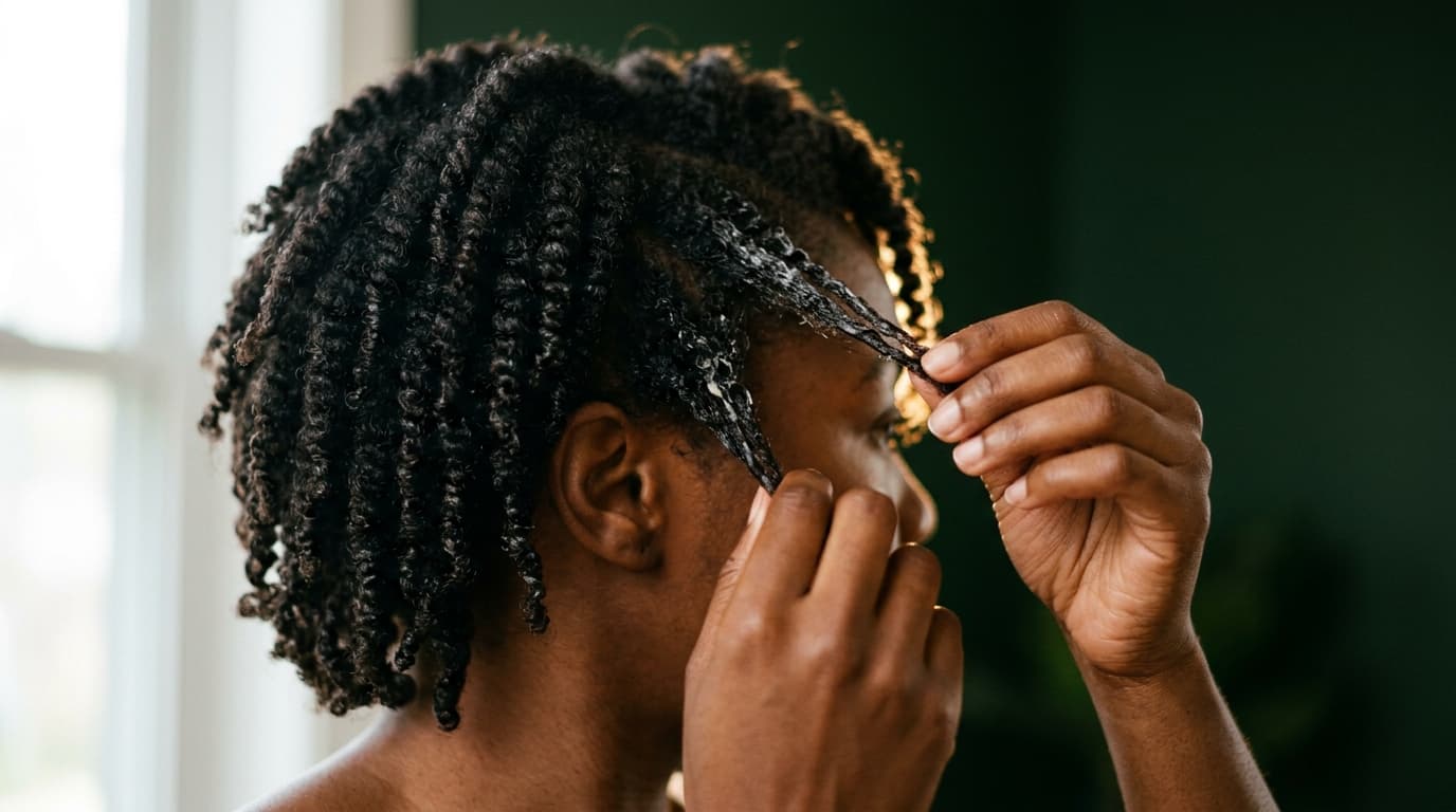 Natural afro-textured hair being separated into defined coils