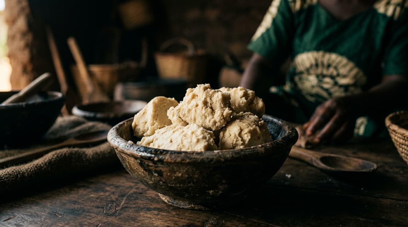 Raw unrefined shea butter in a carved wooden bowl