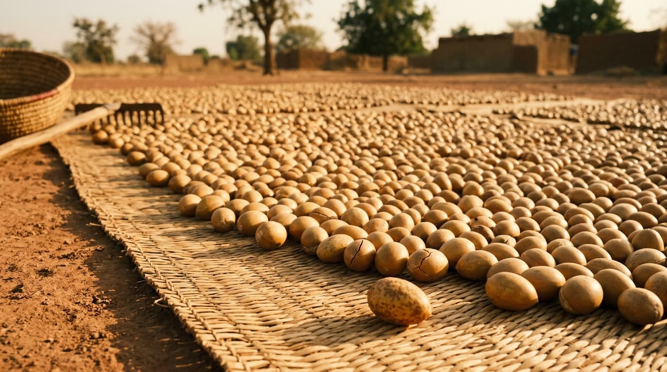 Shea nuts spread across woven mats to dry in the sun