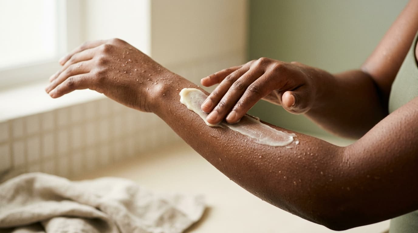 Shea butter being smoothed along a forearm after a shower