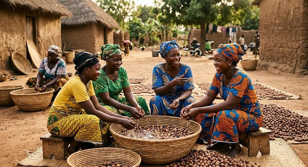 Women's cooperative sorting shea nuts together