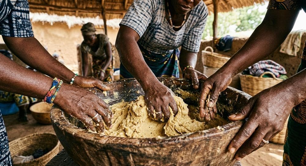 Hands kneading shea butter paste together