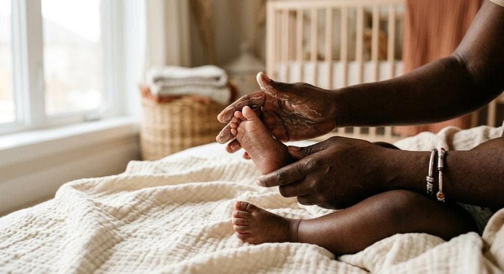 A parent massaging shea butter into a baby's foot